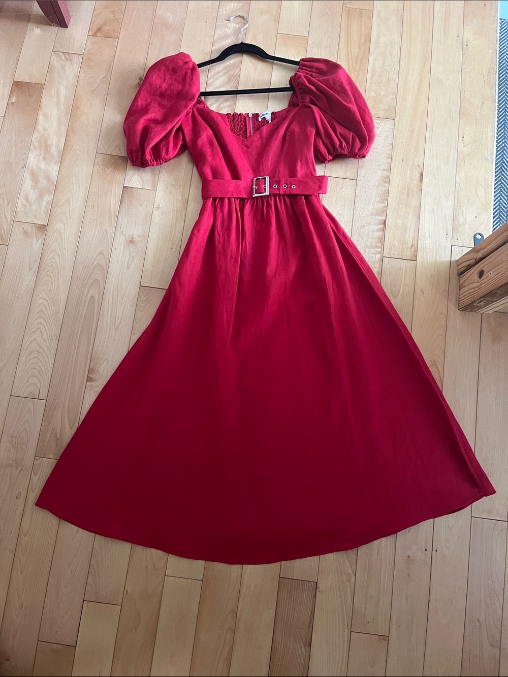 Reformation Scarlet Puff-Sleeve Belted Midi Dress